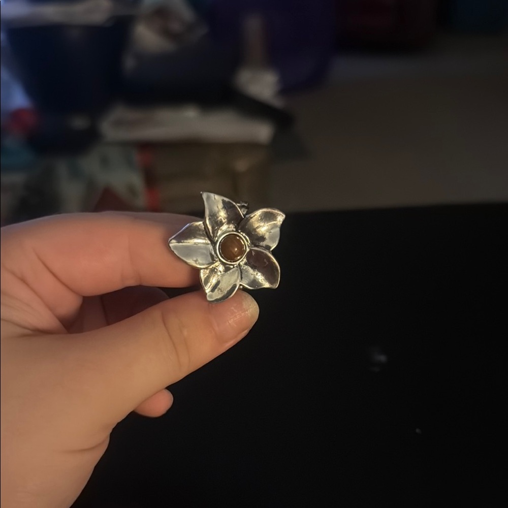3/$10 Sale!!Silver Flower Ring with Brown Gemstone